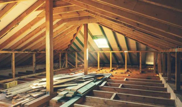 Newly constructed attic prior to insulation.
