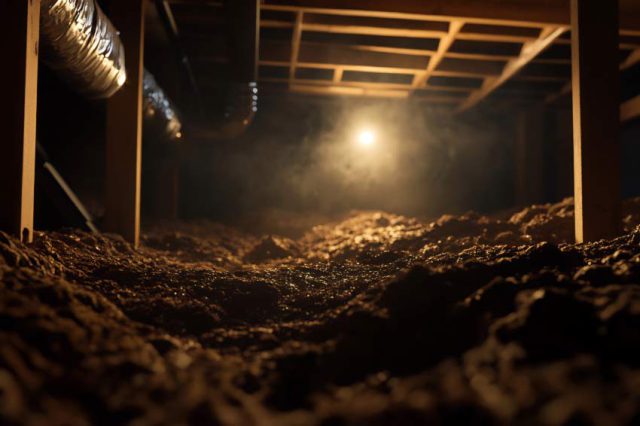 A damp, uninsulated crawl space with exposed dirt and moisture buildup, illuminated by a dim light." Placement Suggestion: Under the section “How Moisture Builds Up in Crawl Spaces.” Why: This image visually represents the problem of an uninsulated crawl space, showing the conditions that lead to mold growth and structural damage.