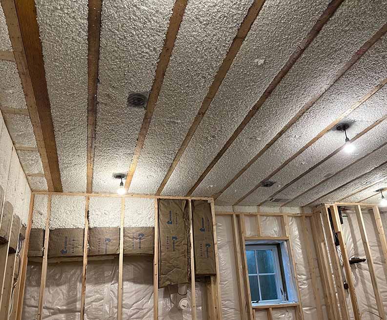 Finished basement ceiling with netting and insulation surrounding pipes and ductwork.
