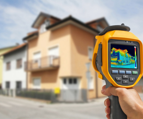 Thermal image of home showing heat escaping through poorly insulated roof.